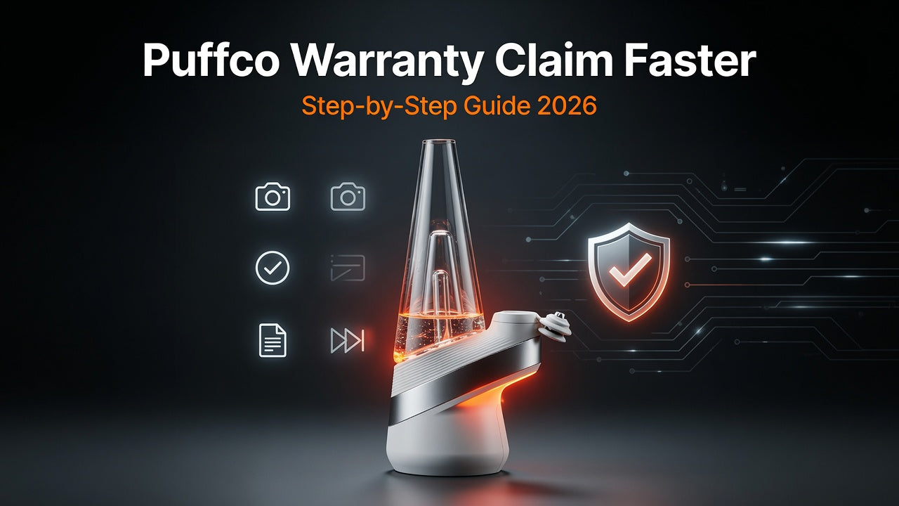 alt="How to Submit a Puffco Warranty Claim Faster in 2026 - Step-by-Step Guide with checklist icons, glowing Puffco device, and warranty shield"
